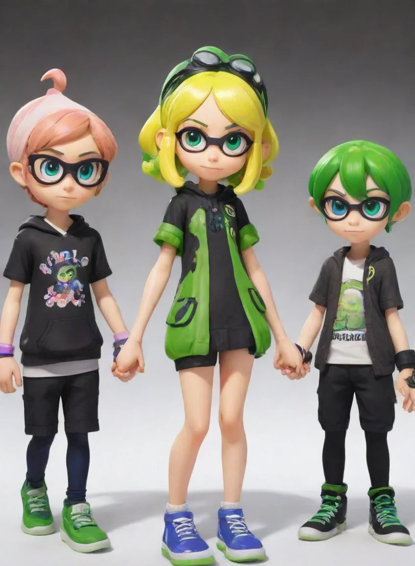 aiartstation art blonde tentacle splatoon inkling girl holding hands with green haired splatoon inkling boys confident engaging wow 3 portrait43