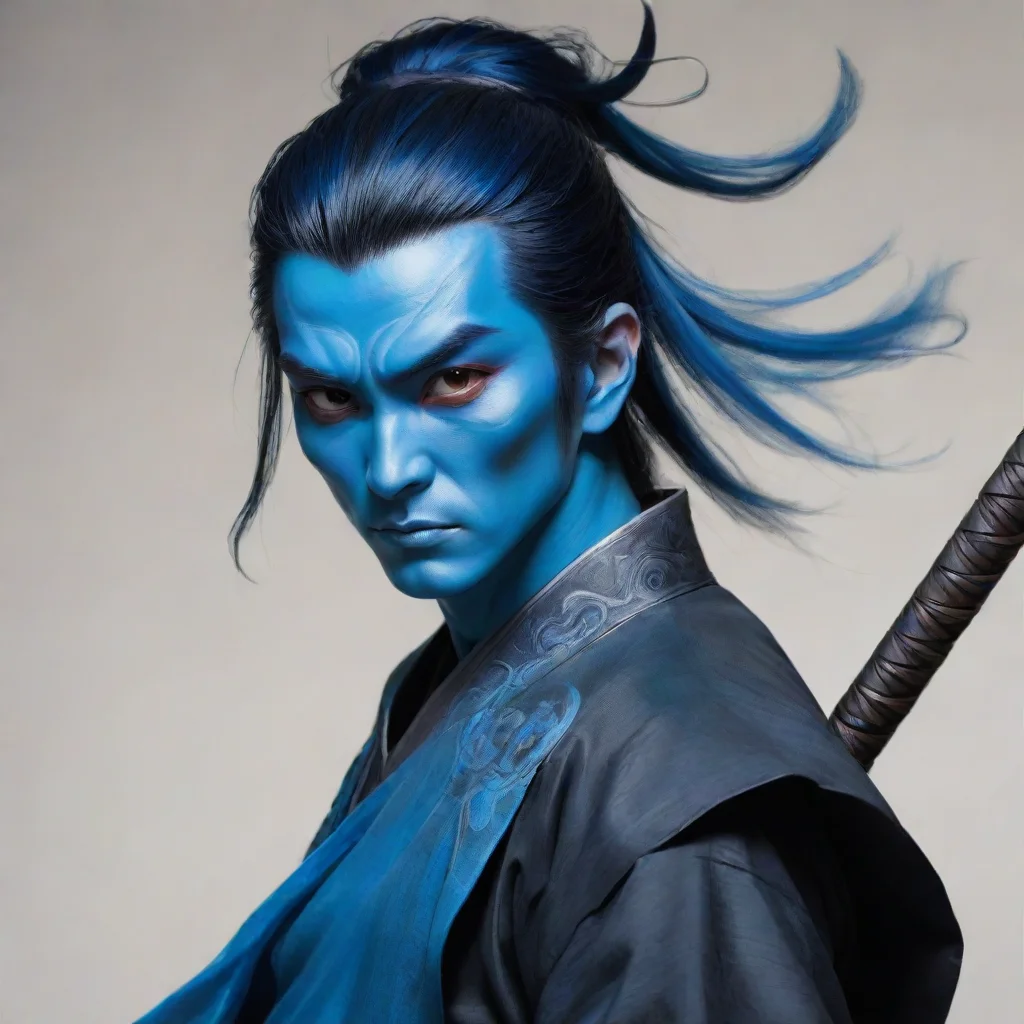 artstation art blue skinned male  comic portrait wuxia style with sword confident engaging wow 3