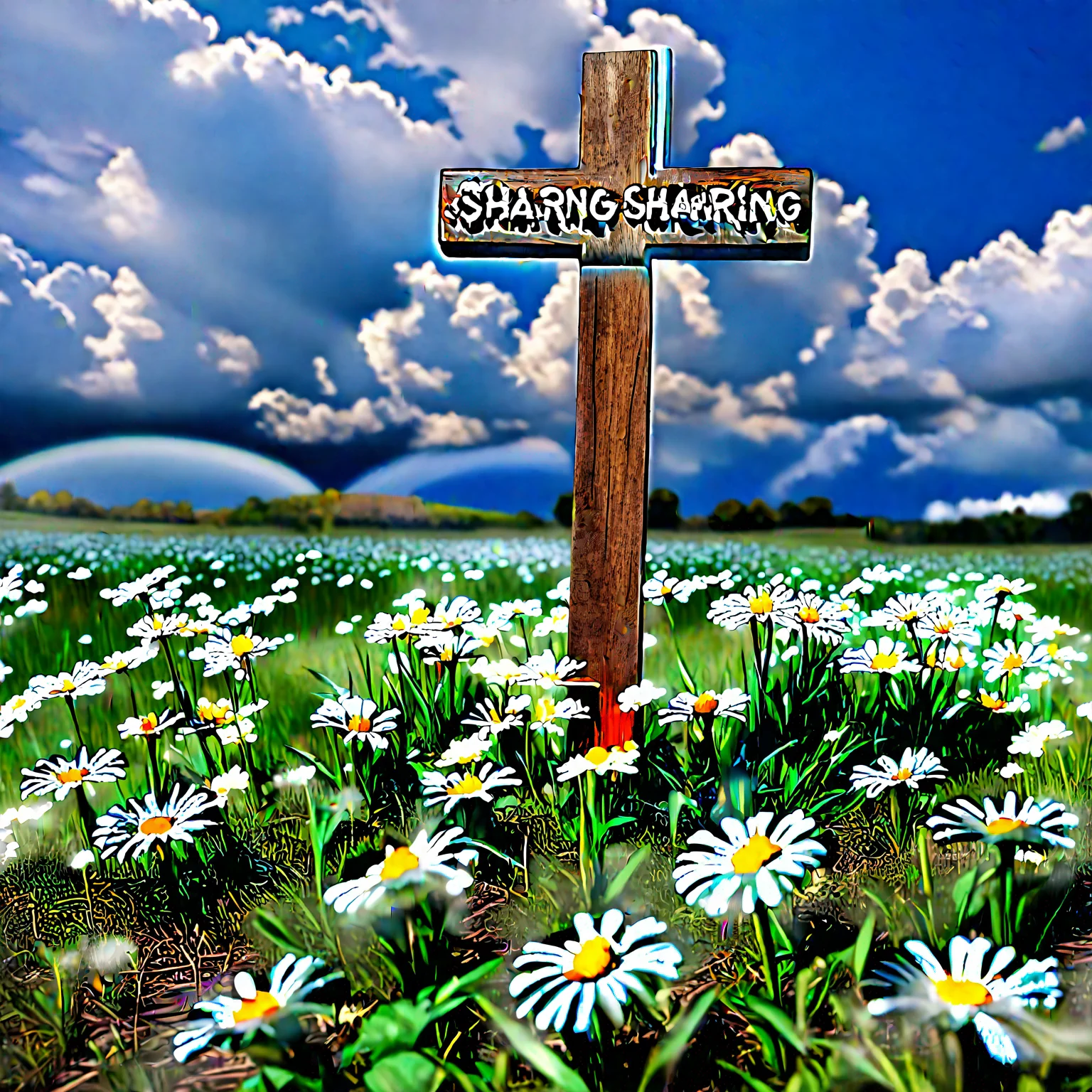 aiartstation art blue sky with white clouds%2C wooden cross with text %22sharing %26 caring%22%2C in a field of daisies and mountains in the background confident engaging wow 3