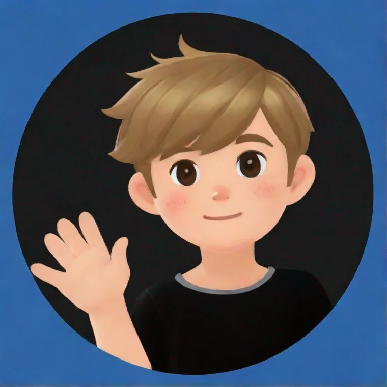 aiartstation art boy waving%2C blue circle edges%2C grey background%2C dark blond hair%2C animal crossing style%2C black shirt confident engaging wow 3