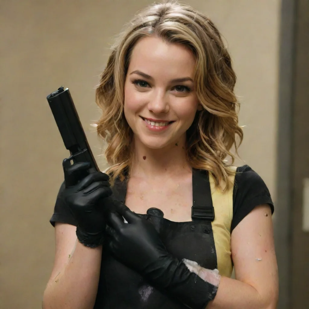 artstation art bridget mendler from lemonade  smiling with black nitrile gloves and gun and mayonnaise splattered everywhere confident engaging wow 3
