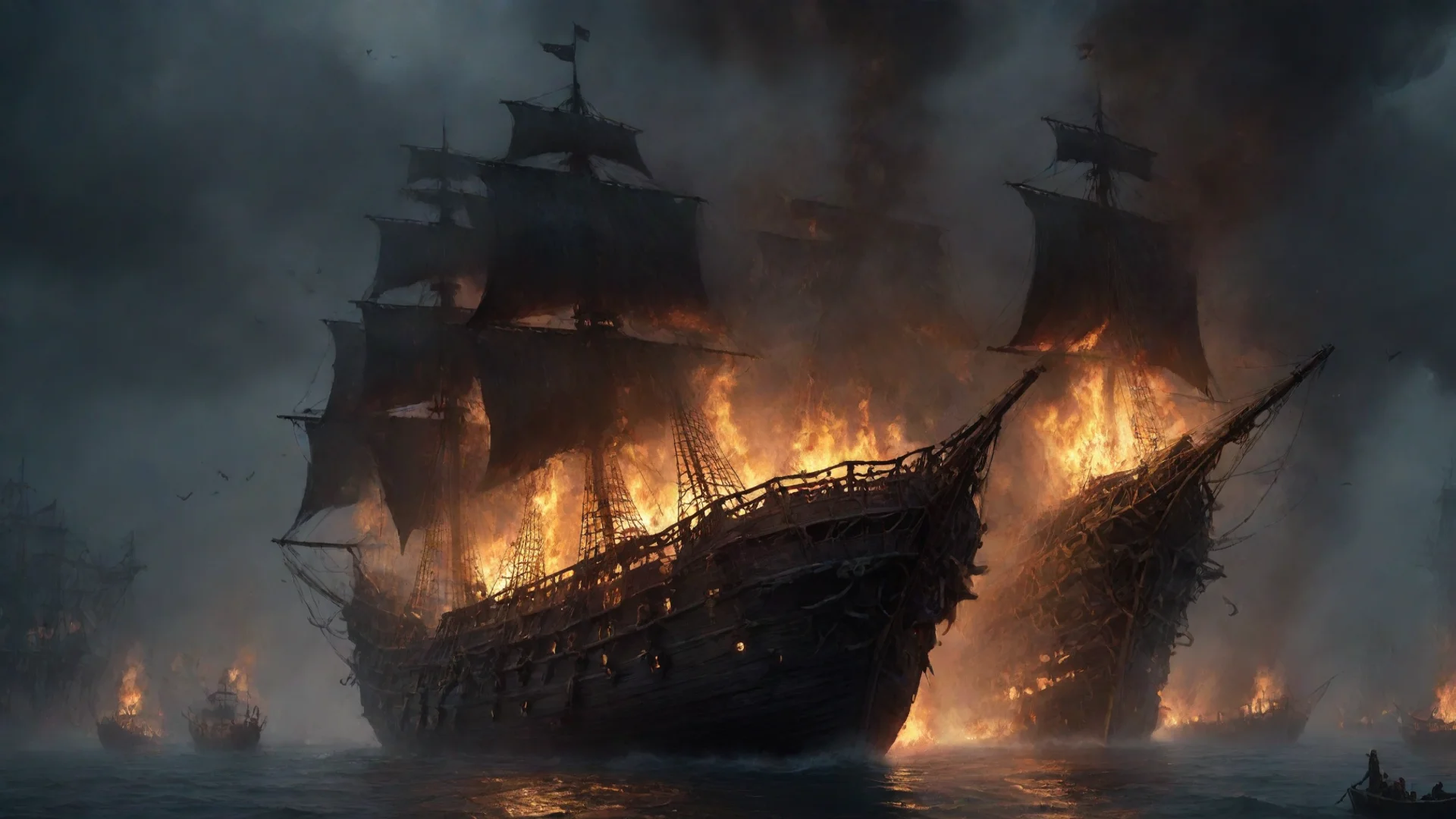 aiartstation art burning pirate ship concept art dark smoldering skeletons confident engaging wow 3 wide