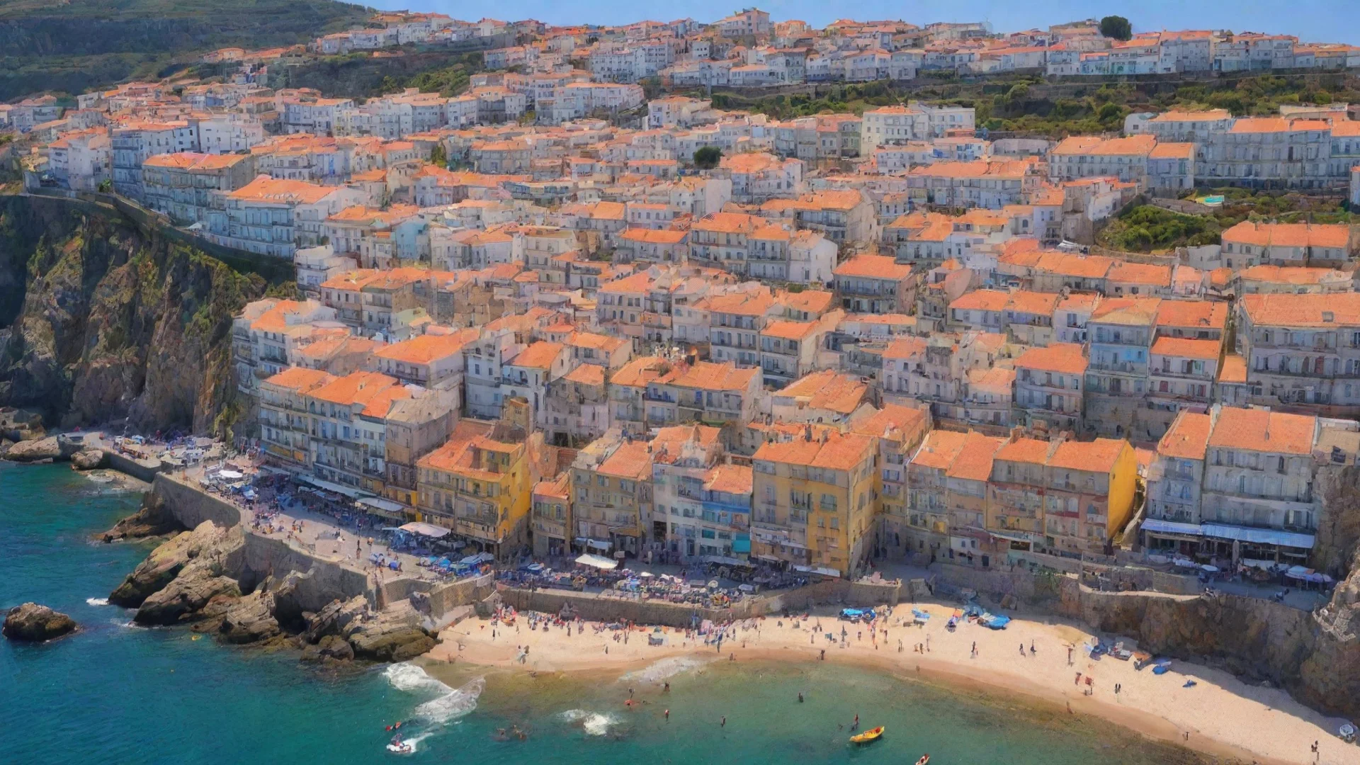 artstation art busy portuguese coastal town hd aesthetic best quality with strong vibrant colors confident engaging wow 3 wide