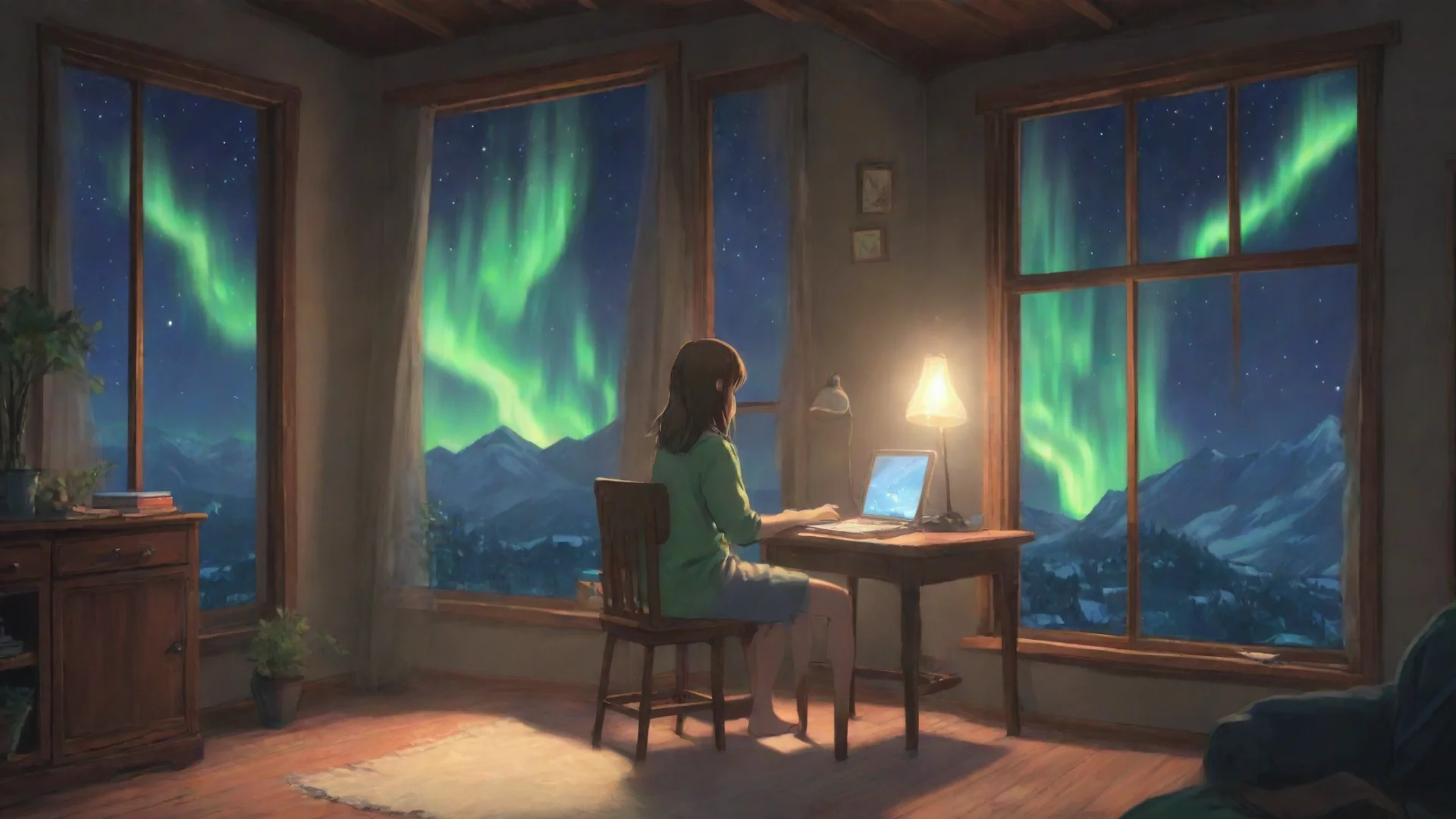 artstation art can you draw of a girl sitting on a chair and using a computer inside of his house and the window is like northern lights in studio ghibli art style confident engaging wow