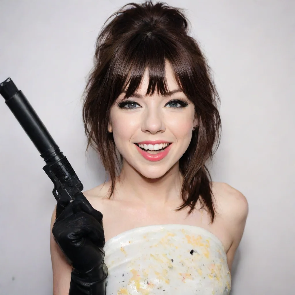 aiartstation art carly rae jepsen smiling with black gloves and gun and mayonnaise splattered everywhere confident engaging wow 3