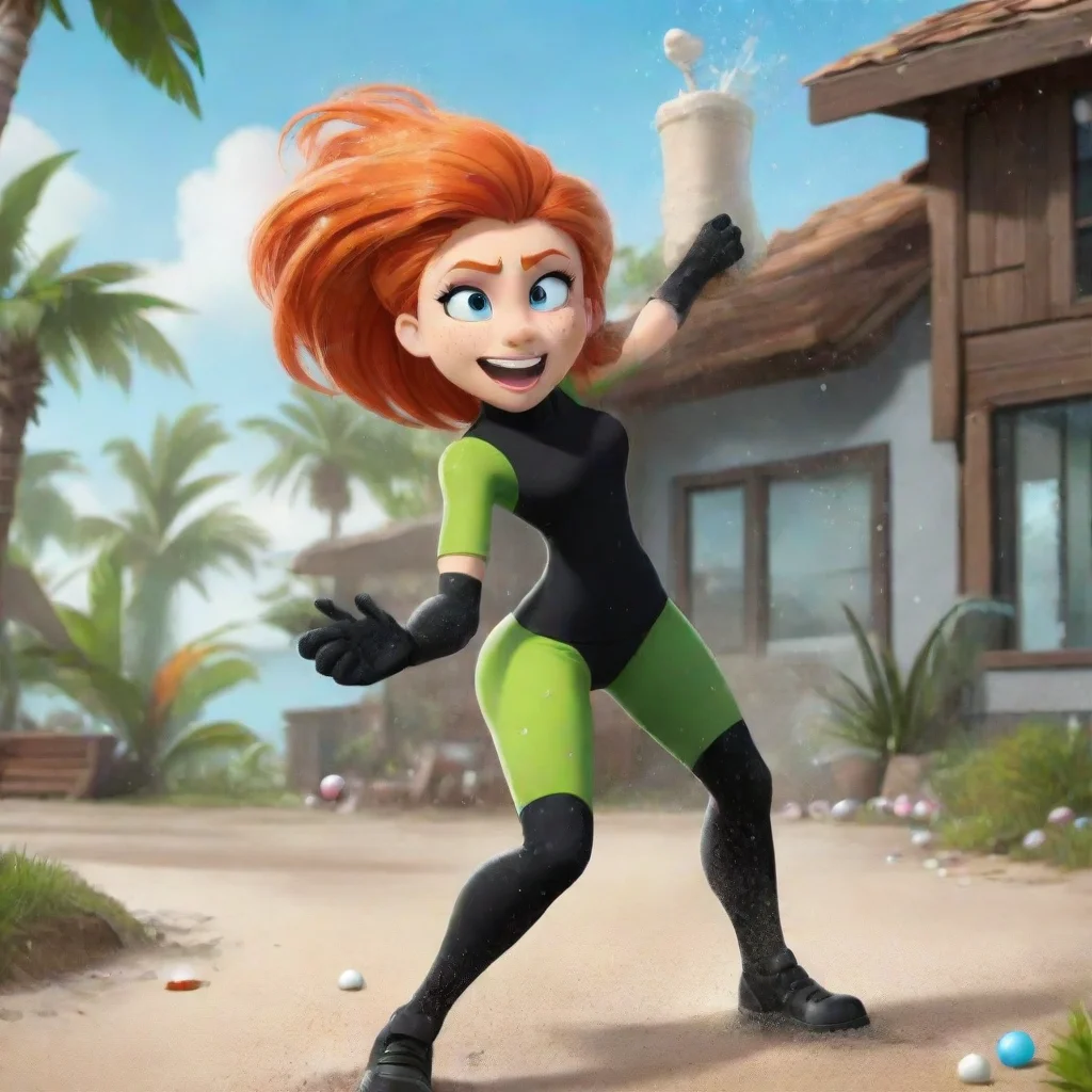artstation art cartoon kim possible  smiling seriously at a beach house in jamaica with black gloves and powerful rocket launcher and mayonnaise splashing and splattered everywhere squeezing gooey s