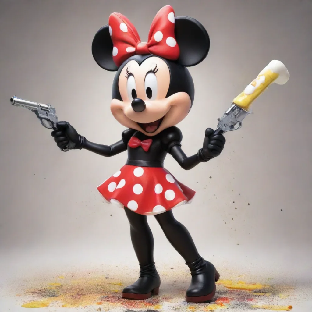 aiartstation art cartoon minnie mouse from disney with black gloves and gun and mayonnaise splattered everywhere confident engaging wow 3