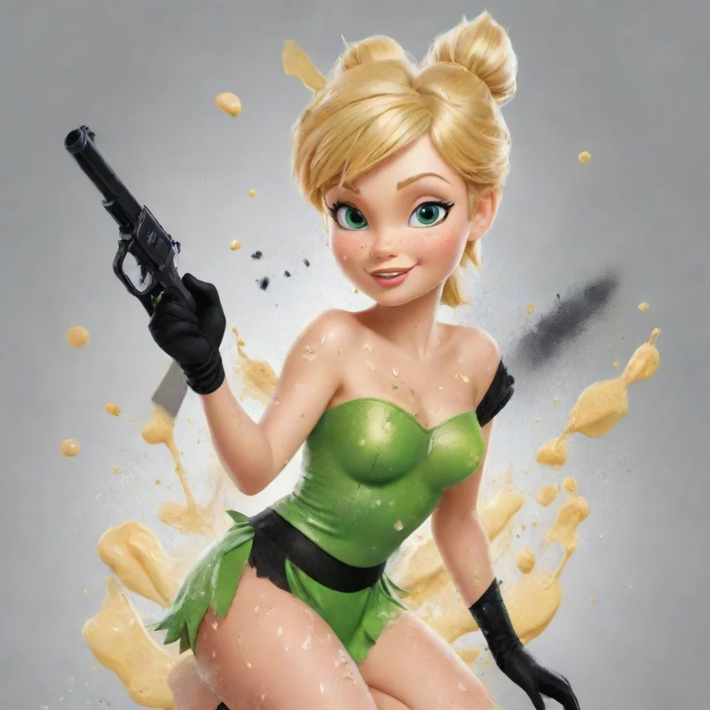 aiartstation art cartoon tinker bell from disney with black gloves and gun and mayonnaise splattered everywhere confident engaging wow 3