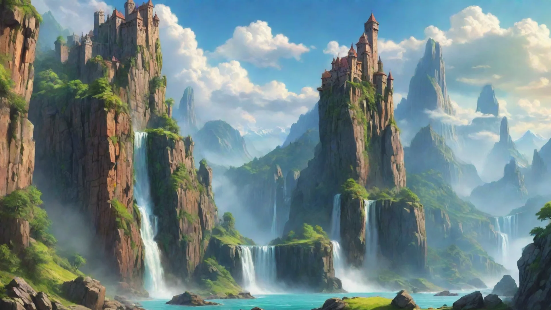 aiartstation art castle cliffs waterfalls%2C sheer cartoon realistic hd wow lovely colorful clouds planet green  confident engaging wow 3 wide