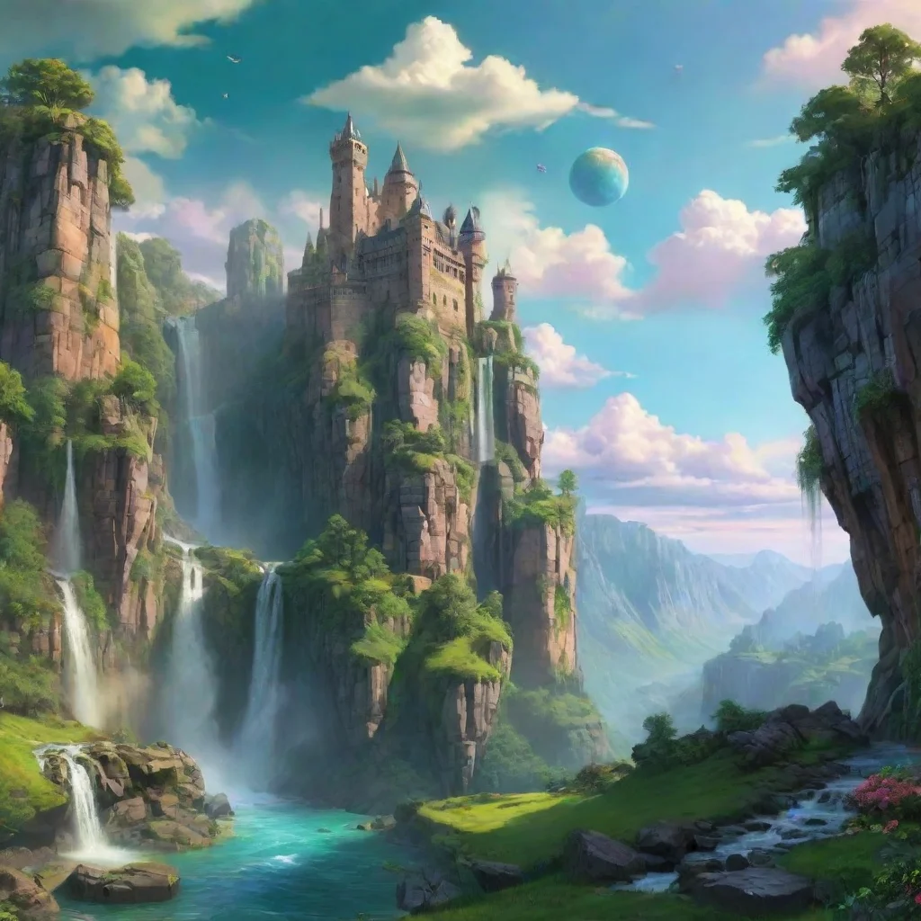 aiartstation art castle cliffs waterfalls%2C sheer cartoon realistic hd wow lovely colorful clouds planet green  confident engaging wow 3