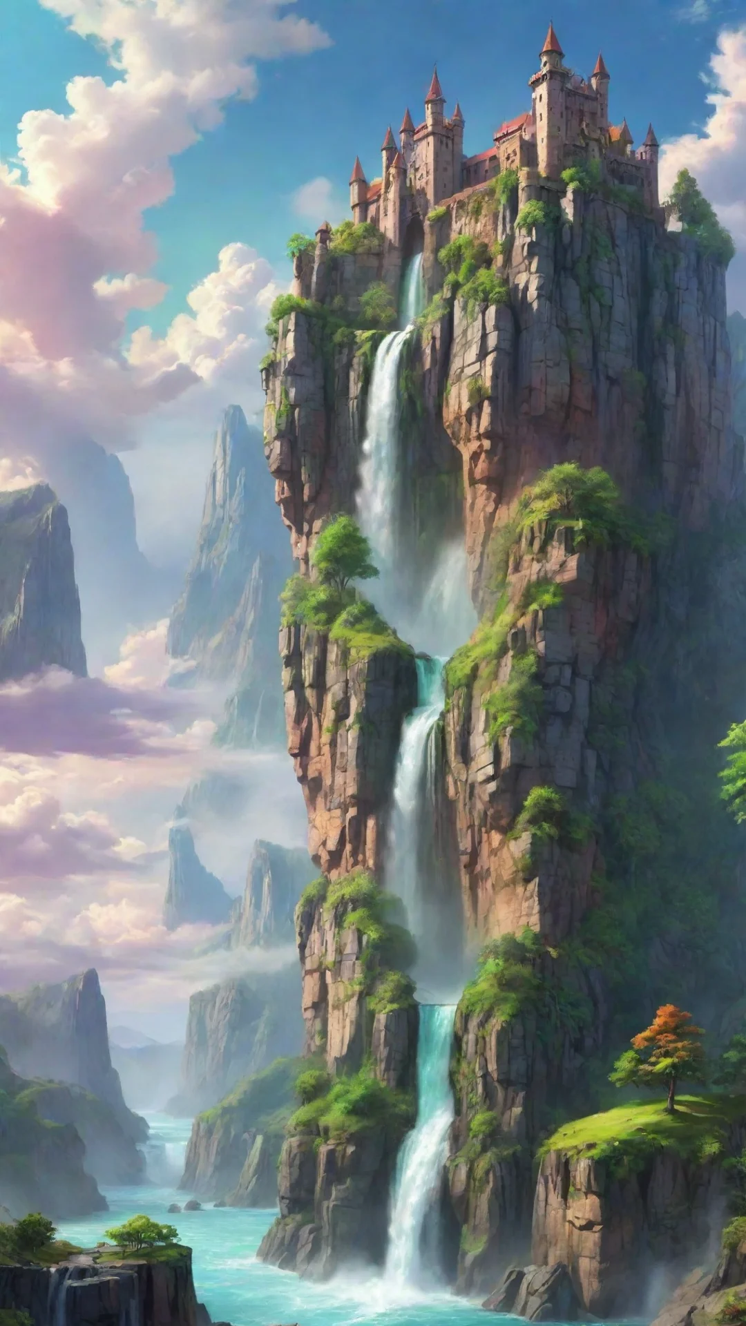 aiartstation art castle cliffs waterfalls%2C sheer cartoon realistic hd wow lovely colorful clouds planet green confident engaging wow 3 tall