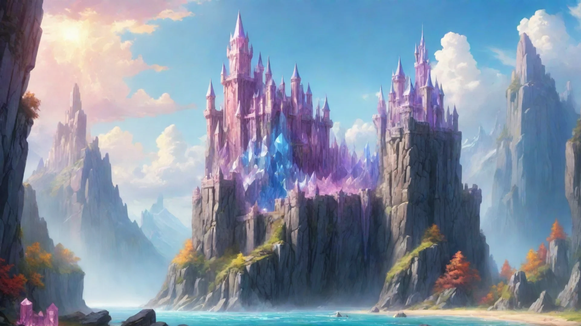 aiartstation art castle fantasy landscape with giant crystal build on giant crystal cliffs bright colors confident engaging wow 3 wide