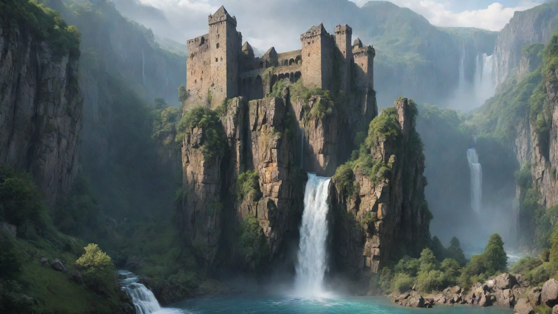 aiartstation art castle huge cliffs waterfalls relaxing environment hd aesthetic confident engaging wow 3 wide