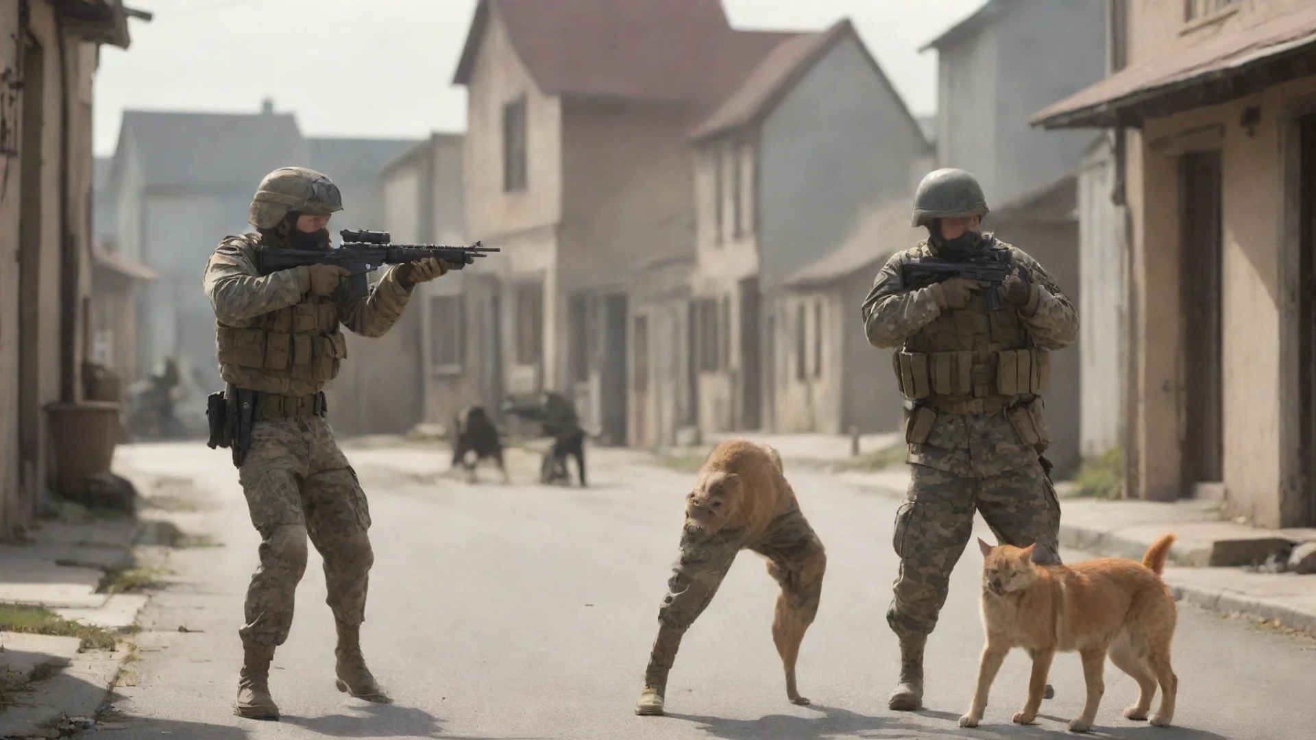 aiartstation art cat soldier shooting dog soldier in a small town confident engaging wow 3 wide