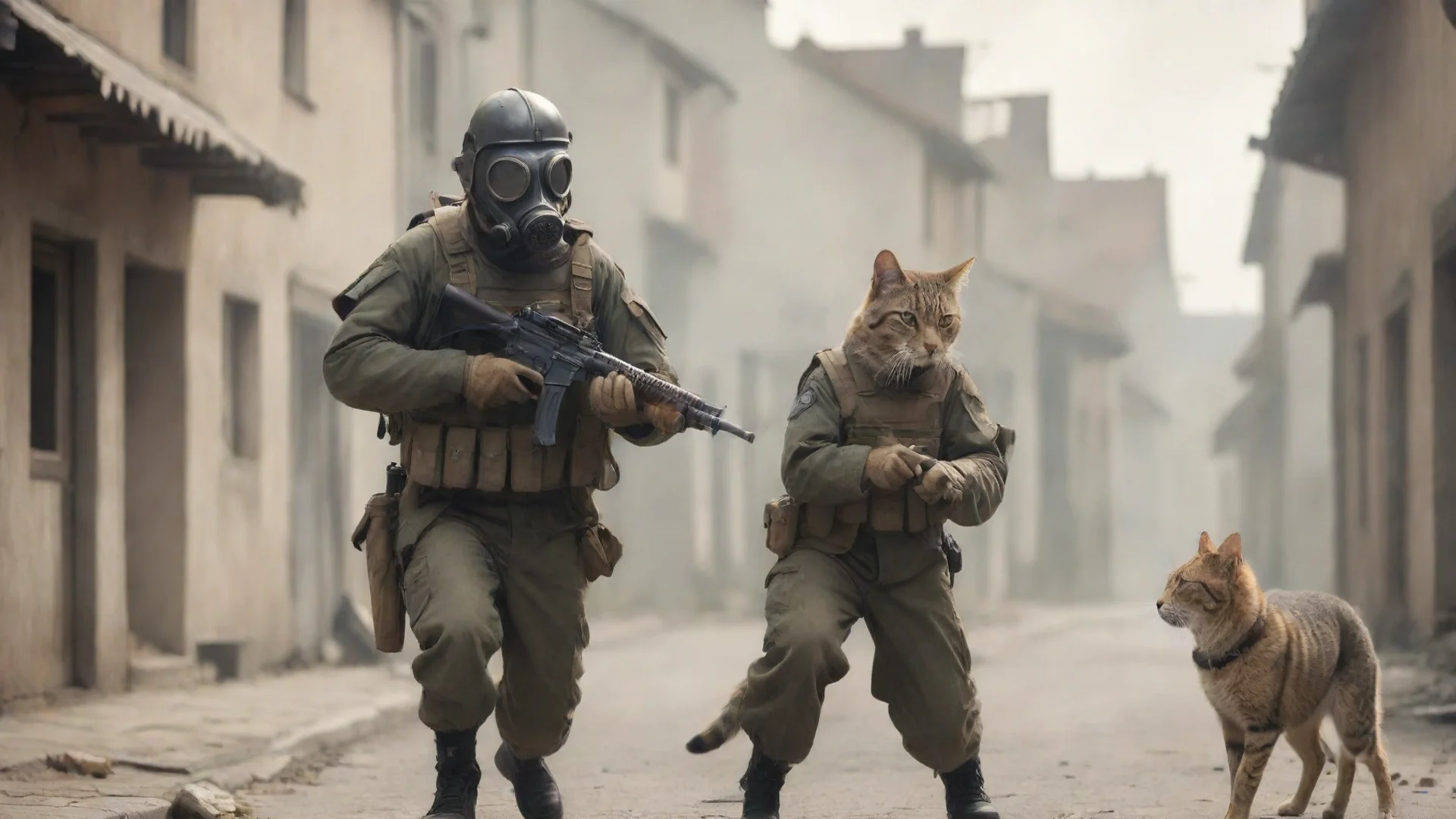 artstation art cat soldier with gas mask shooting dog soldier in a small town confident engaging wow 3 wide