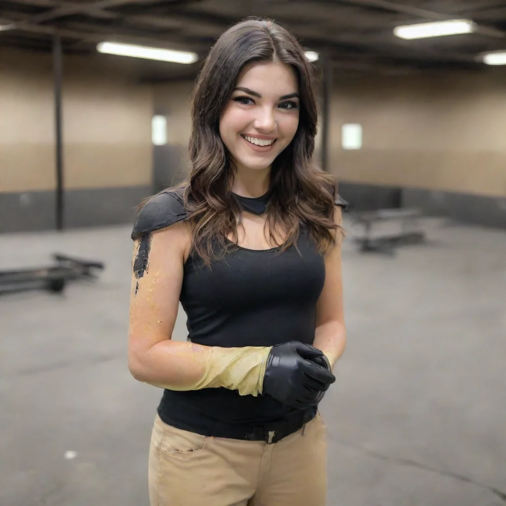 artstation art cathy kelley sportskeeda  smiling with black nitrile gloves and gun at a shooting range and mayonnaise splattered everywhere confident engaging wow 3