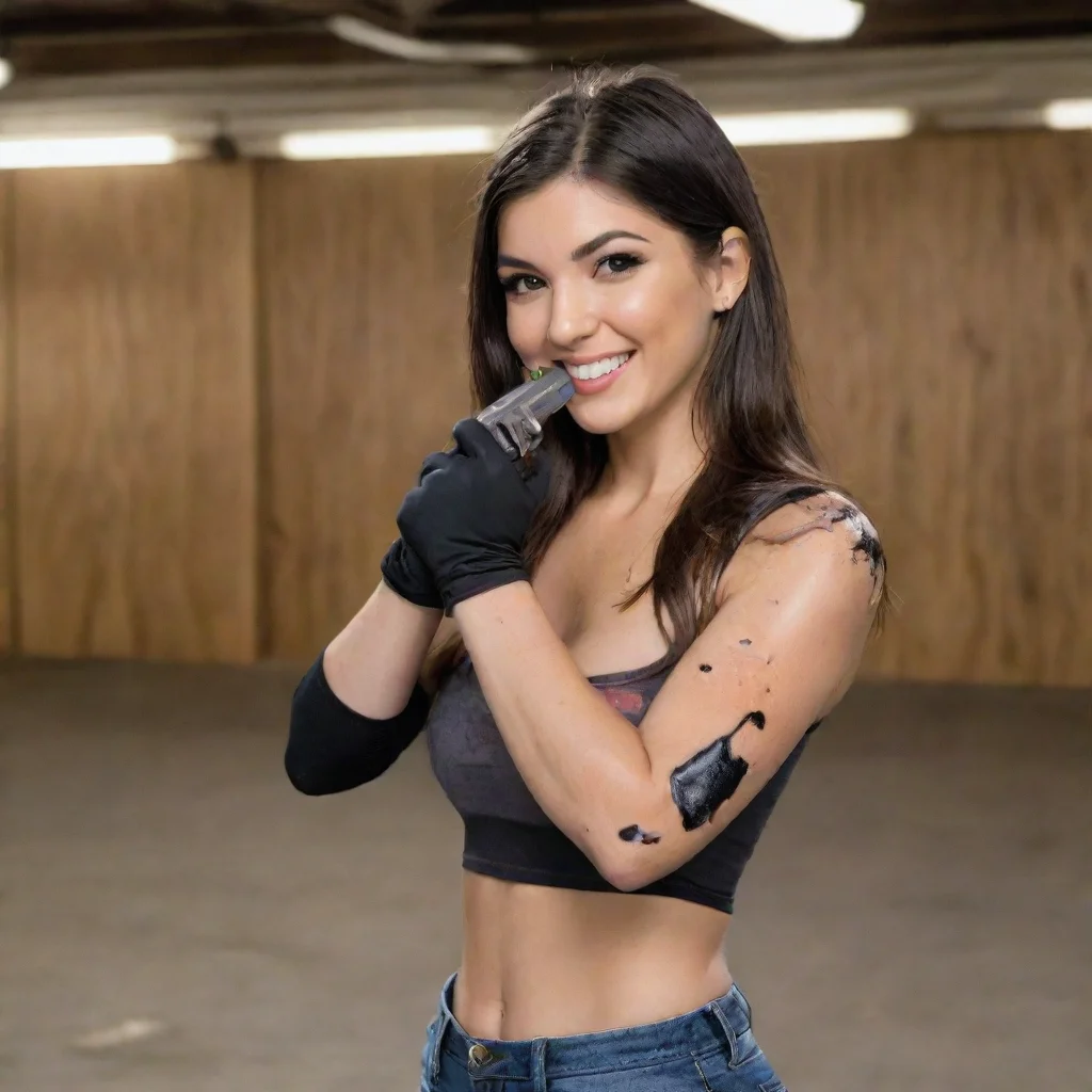 artstation art cathy kelley wwe smiling with black nitrile gloves and gun at a shooting range and mayonnaise splattered everywhere confident engaging wow 3