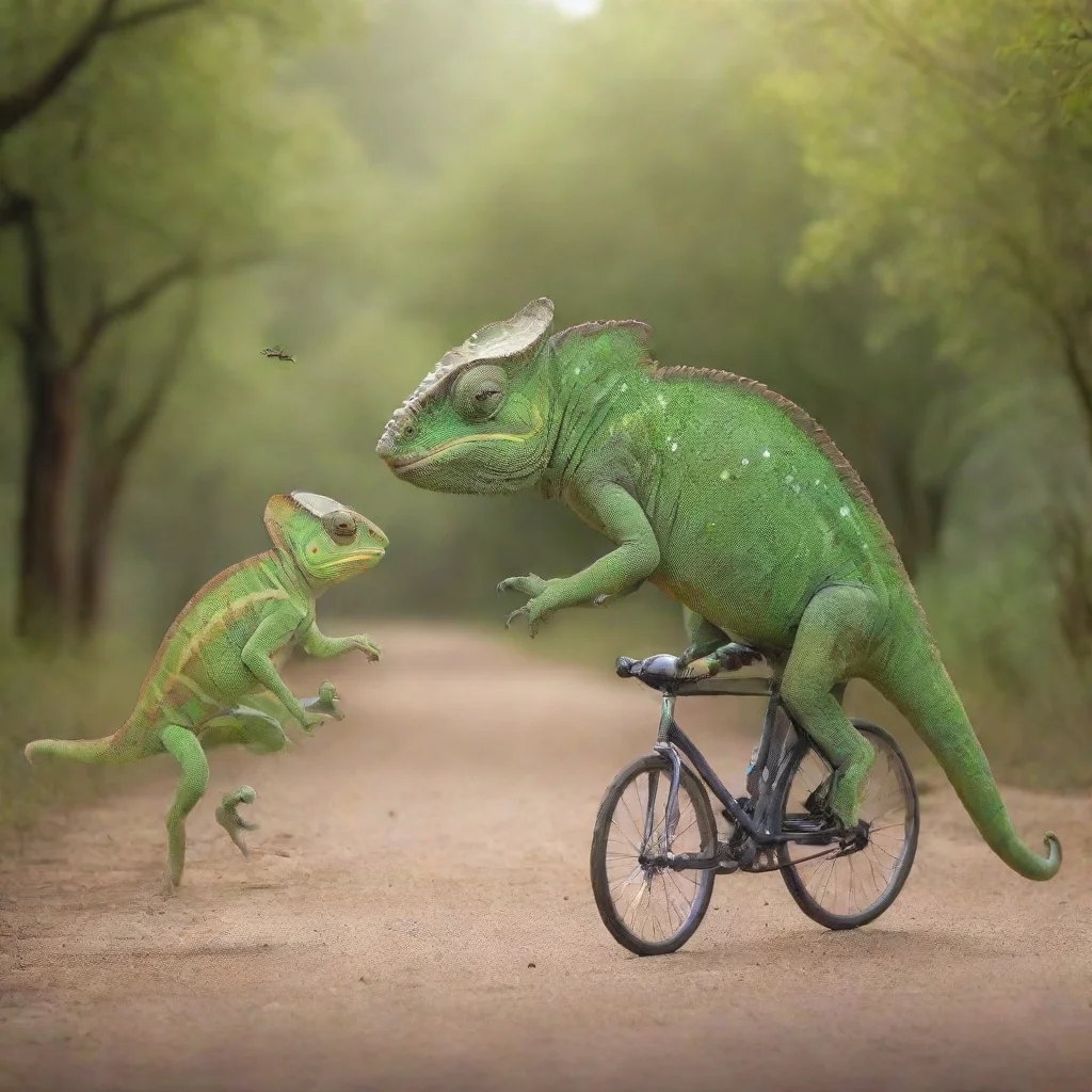 artstation art chameleon riding a bike towards a pregnant horse confident engaging wow 3