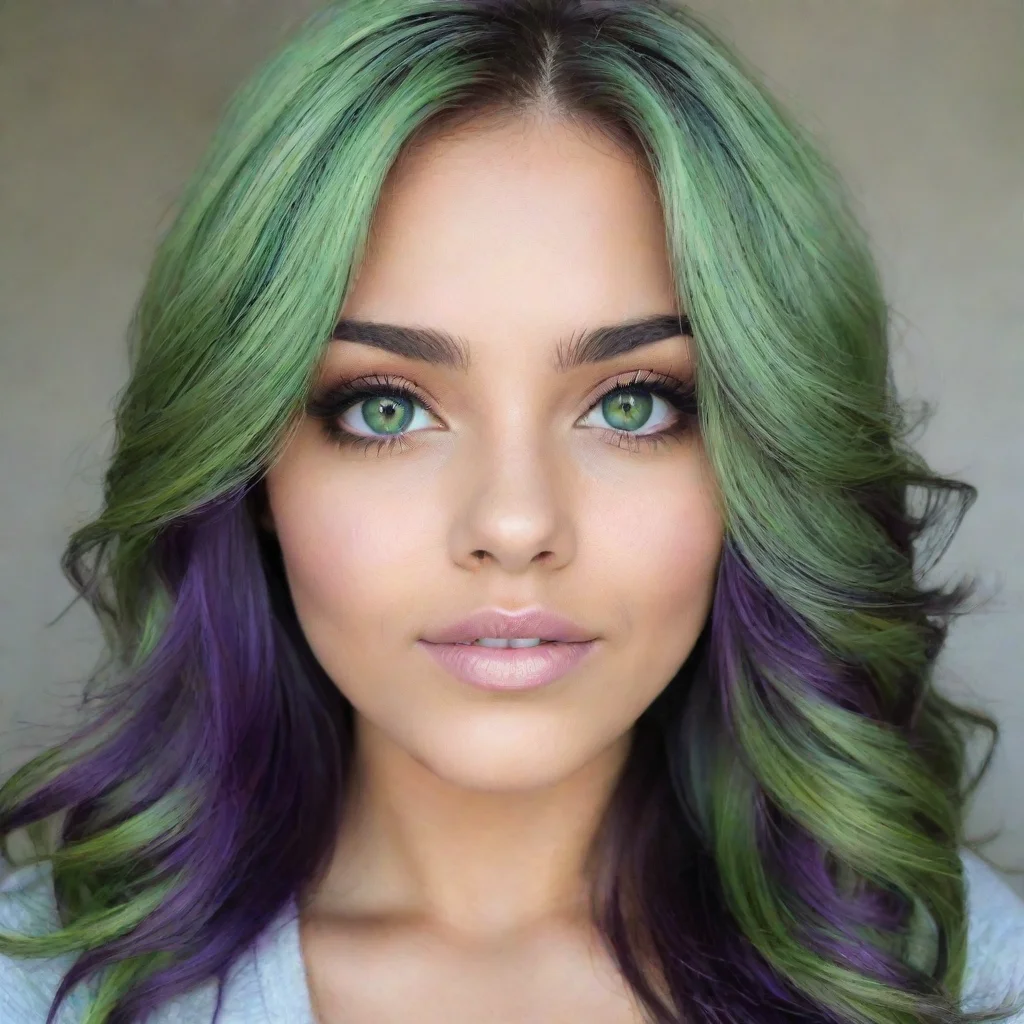aiartstation art chica con cabello morado y verde%2C ojos verdes limon%2C piel clara%2C confident engaging wow 3