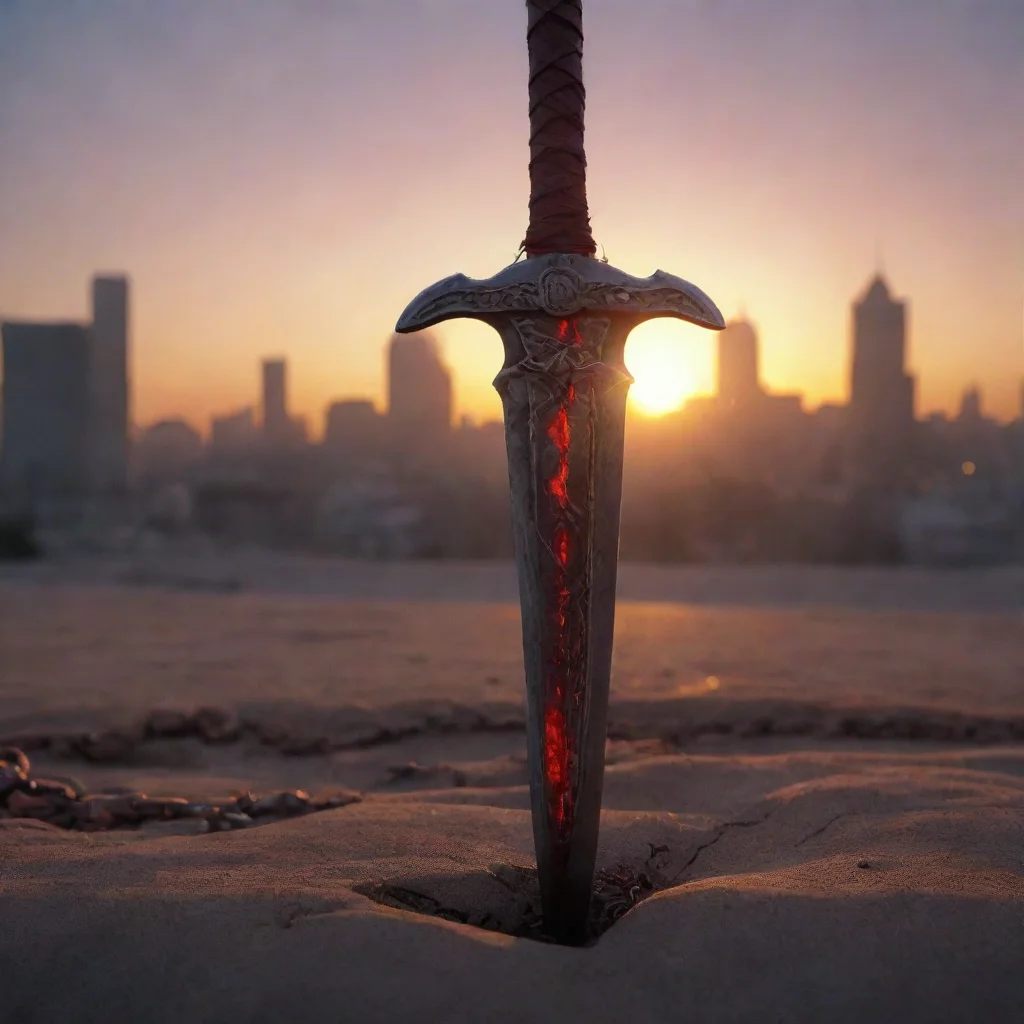 aiartstation art crimson sword%2C chain%2C sword impaling ground%2C city%2C evening%2C setting sun%2C small sword confident engaging wow 3