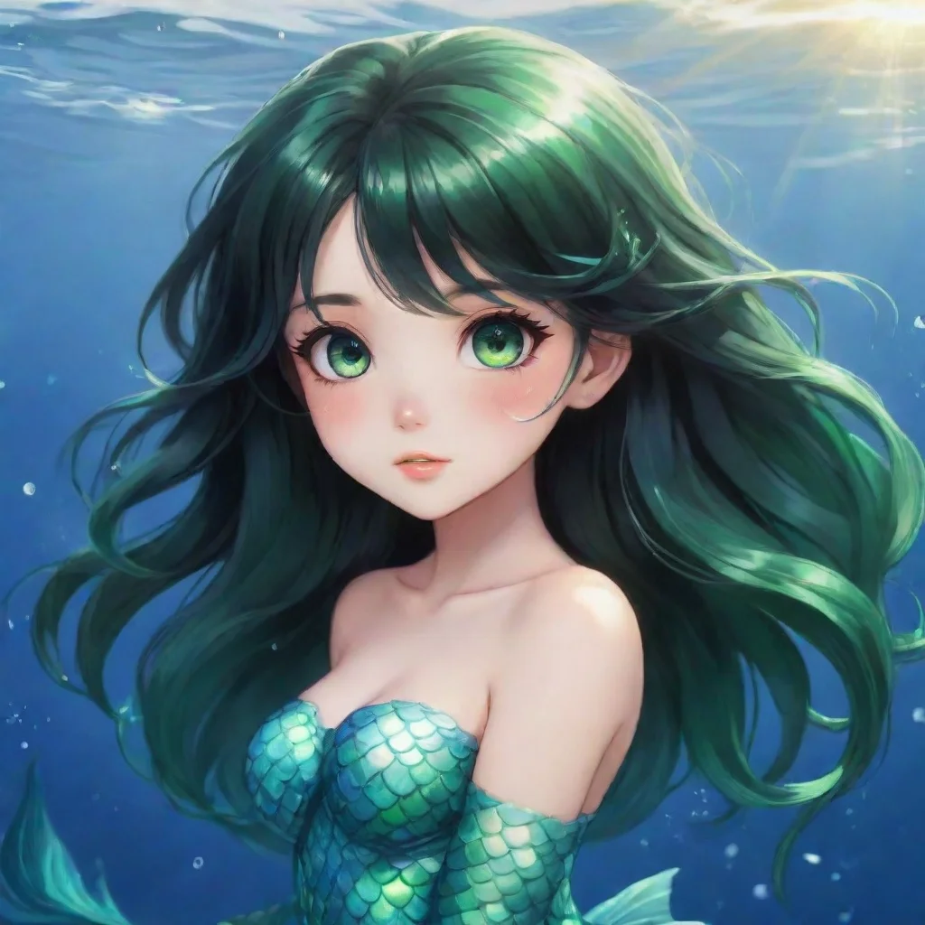 aiartstation art cute anime mermaid with black hair and green eyes confident engaging wow 3