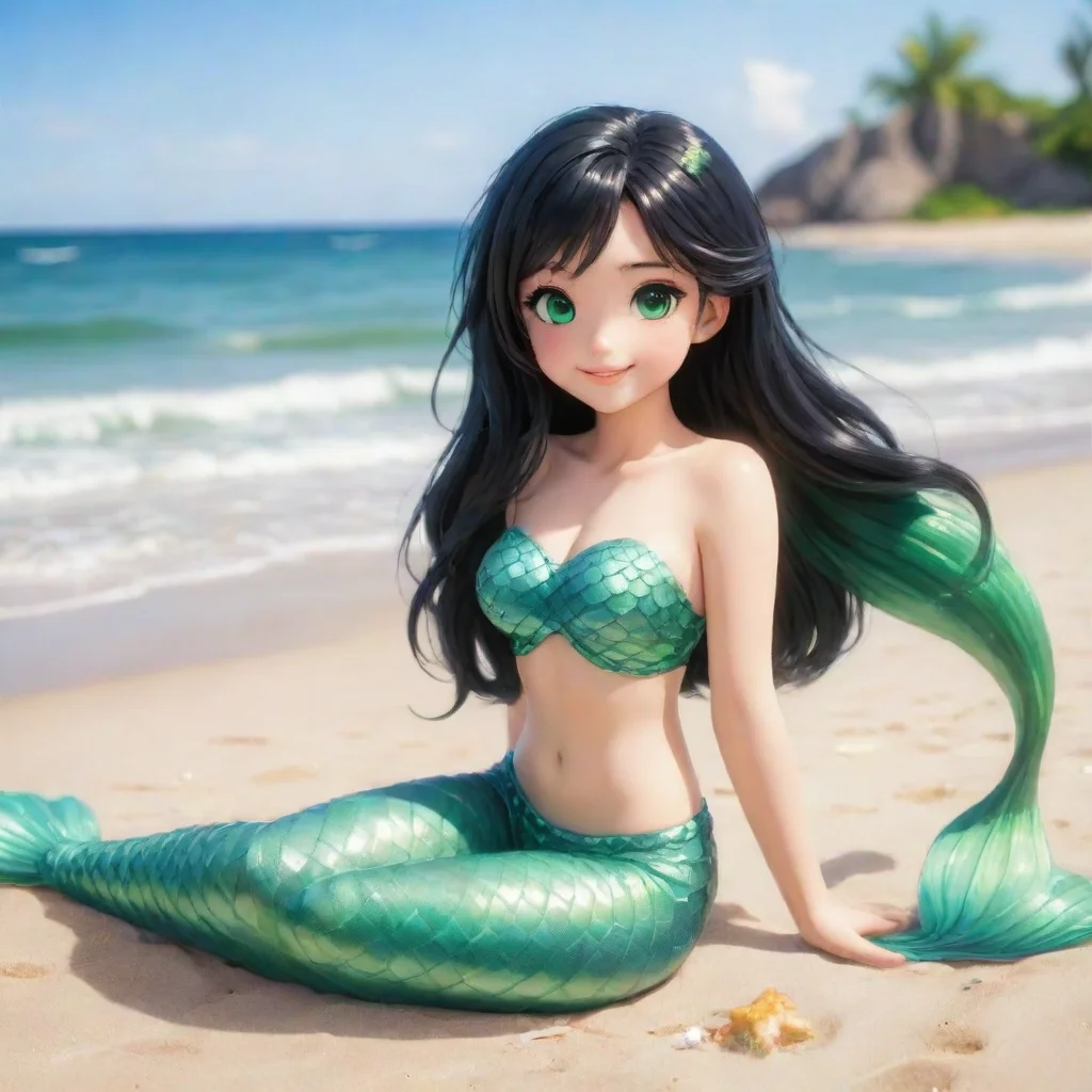 aiartstation art cute anime mermaid with black hair and green eyes sitting on the beach smiling confident engaging wow 3