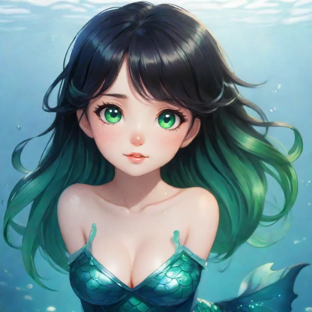 aiartstation art cute anime mermaid with short black hair and green eyes confident engaging wow 3