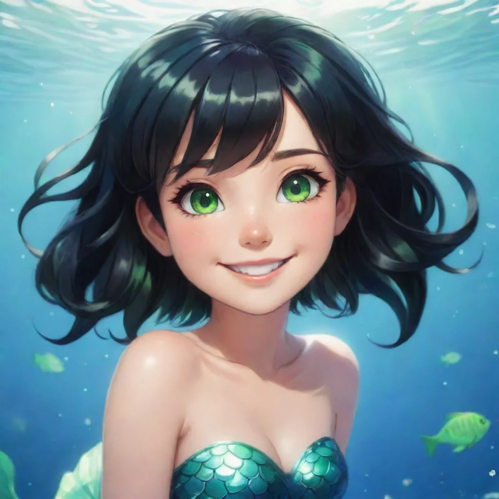 aiartstation art cute anime mermaid with short black hair and green eyes smiling confident engaging wow 3