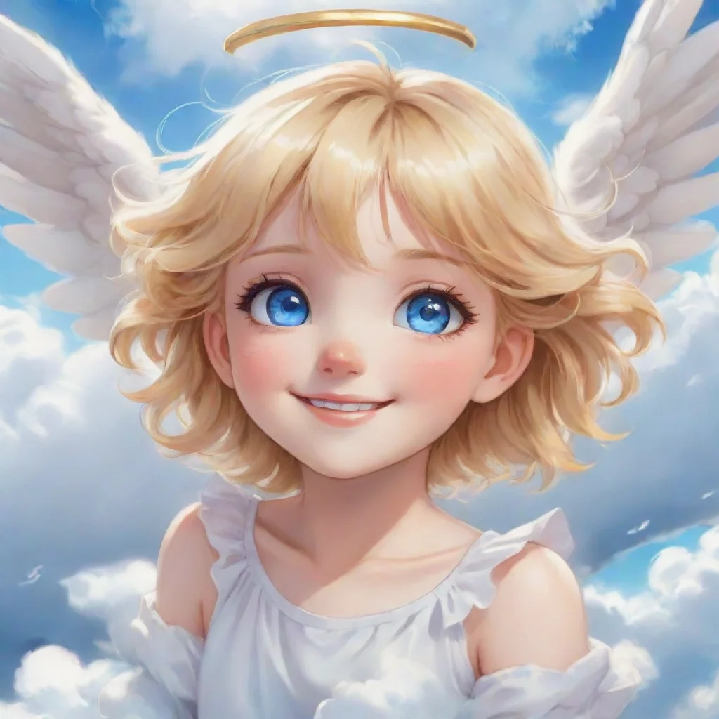 artstation art cute blonde anime angel with blue eyes smiling on a cloud confident engaging wow 3