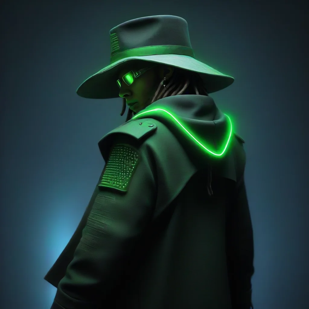 artstation art cyberpunk dreadlocked desperado hat coat neon matrix revolver green confident engaging wow 3