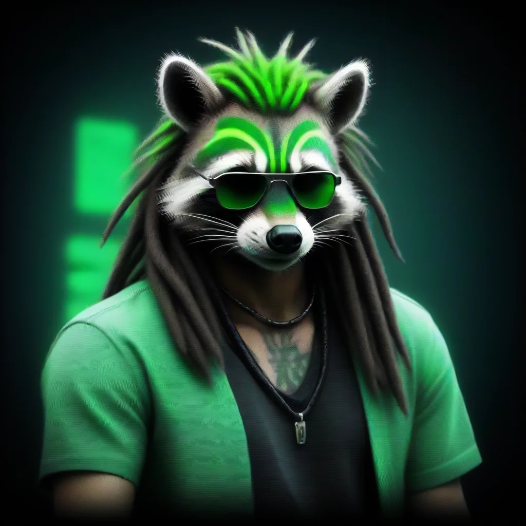 artstation art cyberpunk dreadlocked tattooed racoon neon green hacker gangster confident engaging wow 3