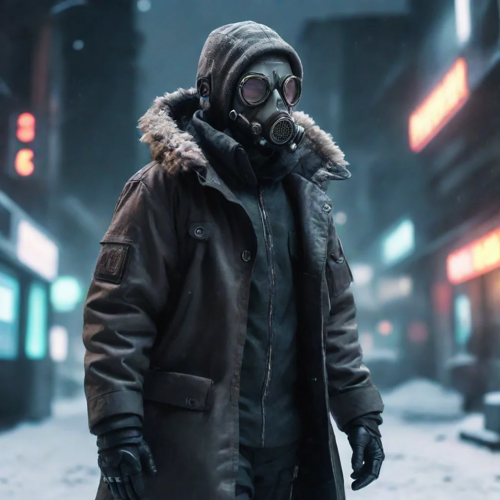 artstation art cyberpunk tech man with powered gas mask and winter coat confident engaging wow 3