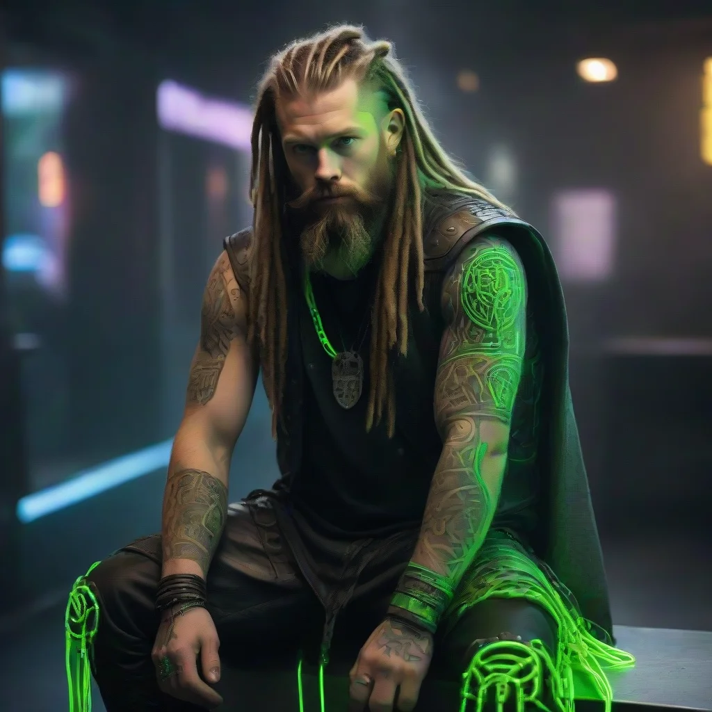 artstation art cyberpunk viking neon green light tattooed bearded dreadlocks wild holy thor matrix  confident engaging wow 3
