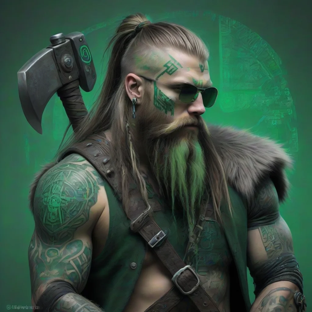 aiartstation art cyberpunk viking wild axe matrix green tattoo beard long hair confident engaging wow 3