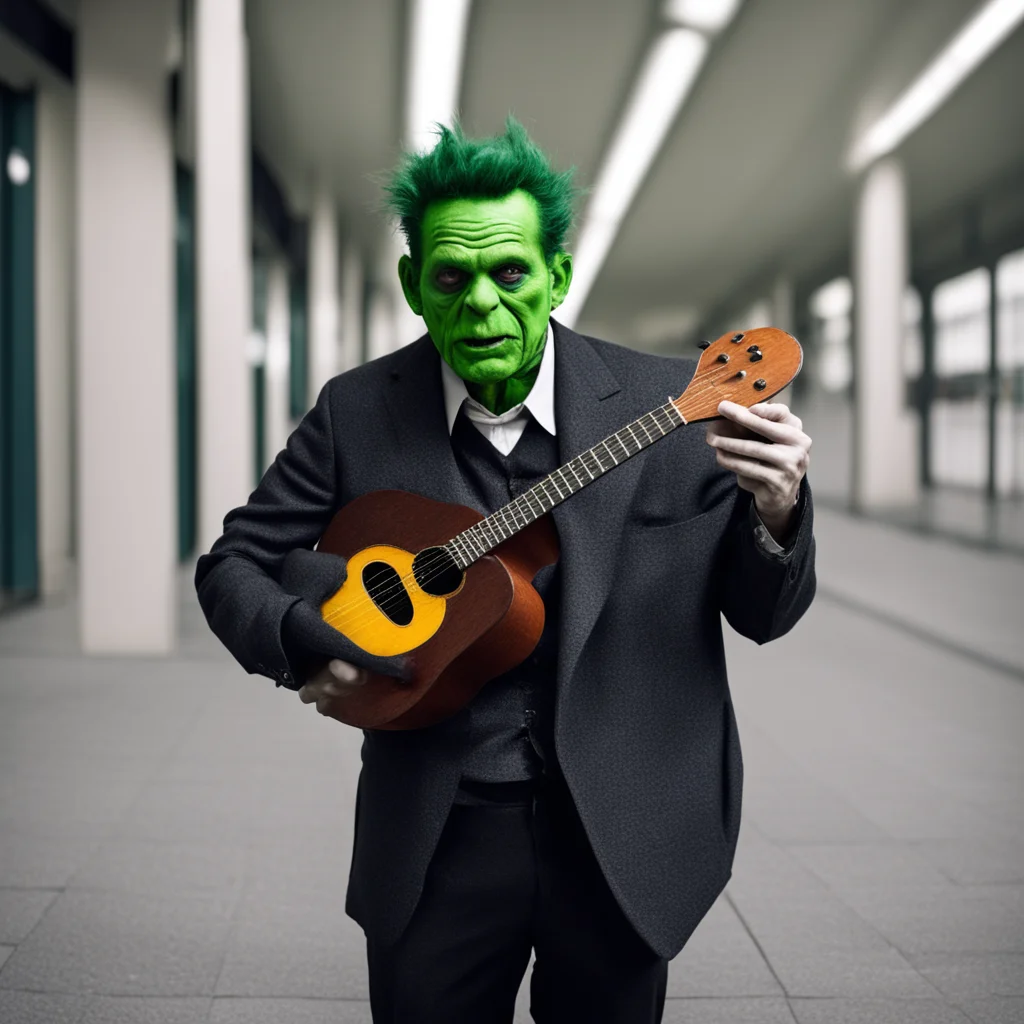 artstation art daniel melero disguised as frankenstein%C2%B4s monstersinging andplaying a ukelele in a railway station in the style of black confident engaging wow 3