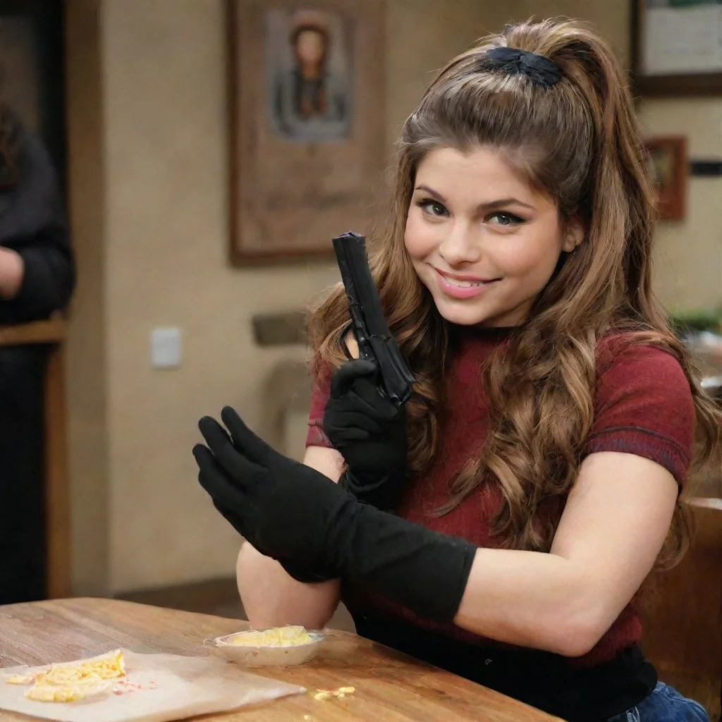 artstation art danielle christine fishel as topanga lawrence from girl meets world smiling with black gloves and gun shooting mayonnaise confident engaging wow 3