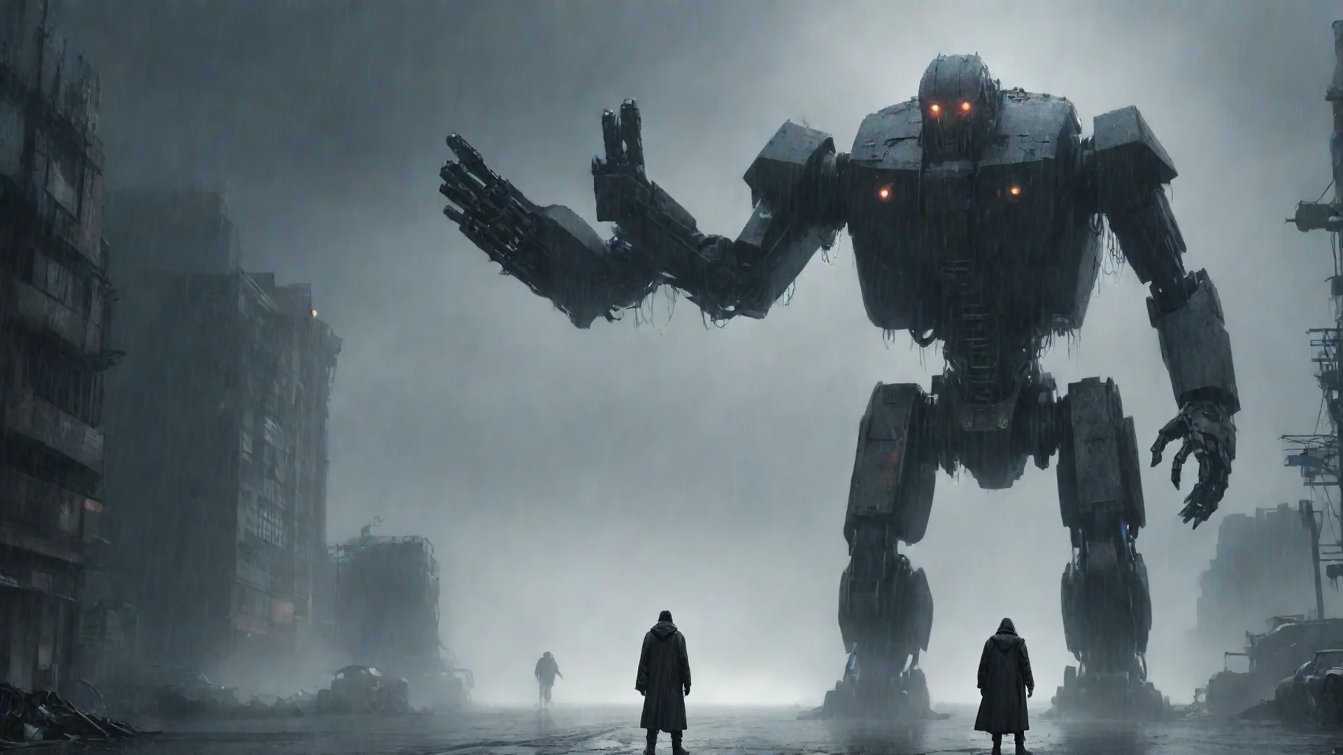 aiartstation art dark fantasy%2C lone man facing a giant cyber robot during a rain storm in a post apocalyptic city confident engaging wow 3 wide