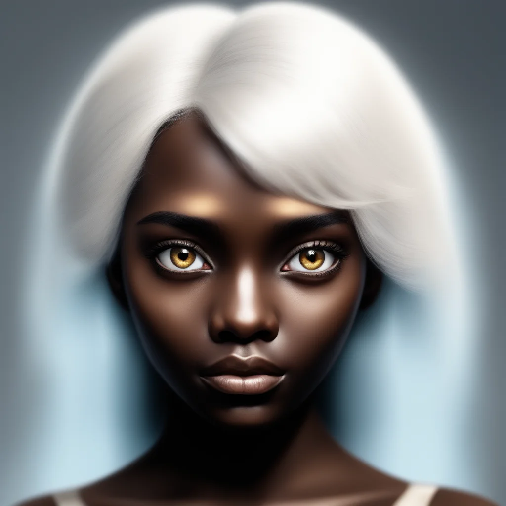 aiartstation art dark skinned complexion girl with white hair%2C and golden eyes with bronze highlights hyperrealistic confident engaging wow 3