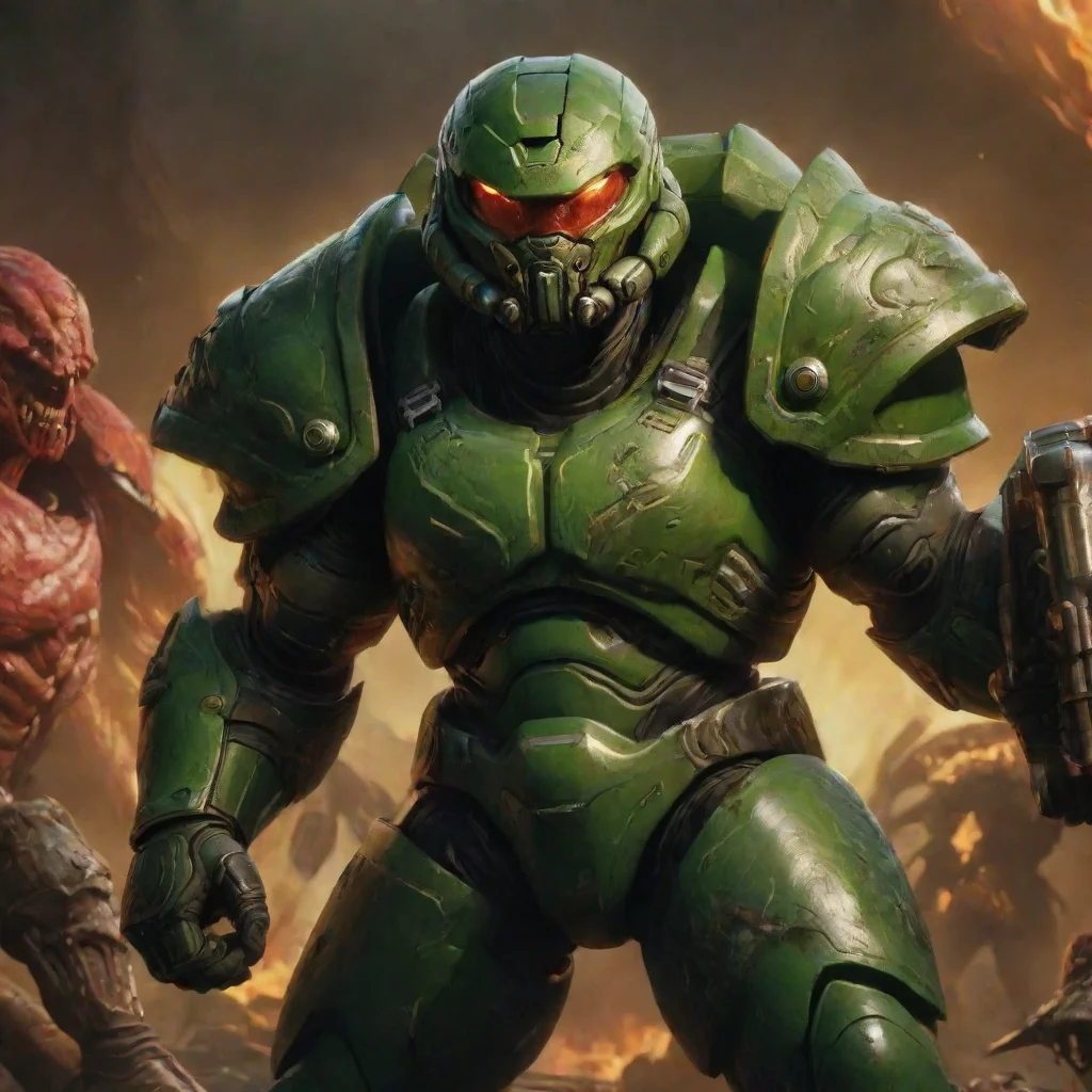 aiartstation art ddom eternal video game%2C doom slayer%2C green armor%2C fighting demons%2C masculine%2C realistic%2C epic confident engaging wow 3