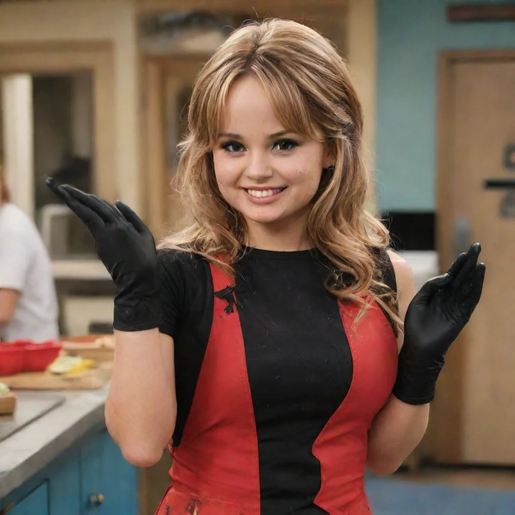 aiartstation art debby ryan as bailey pickett from suite life on deck  smiling with black nitrile gloves and gun and mayonnaise splattered everywhere confident engaging wow 3