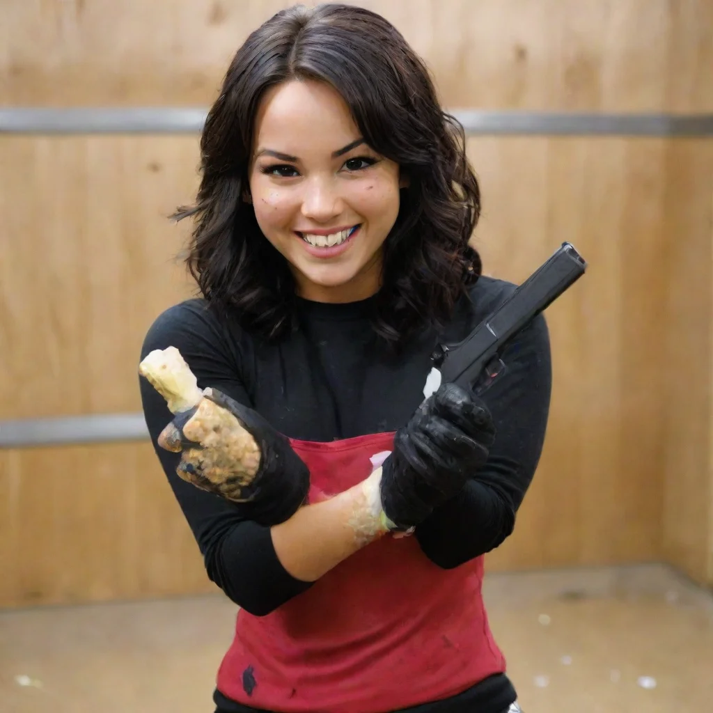 artstation art demi levato from camp rock smiling with black comfy nitrile gloves and gun at a shooting range  and  mayonnaise splattered everywhere confident engaging wow 3