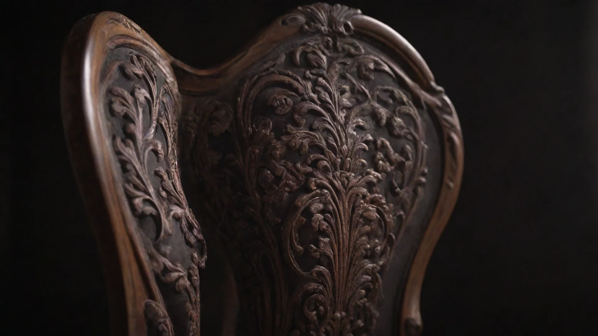 artstation art detail view of an ornate chair back dark brown at the edge blurred with high craftsmanship and dark background confident engaging wow 3 hdwidescreen