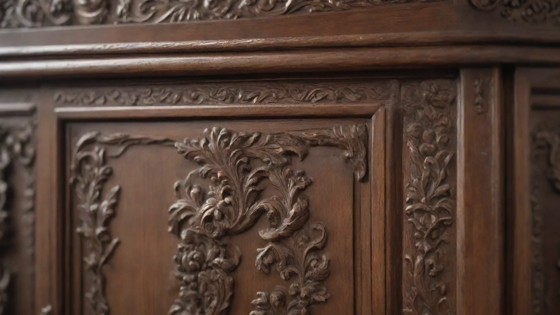 aiartstation art detail view of an ornate wooden cabinet dark brown at the edge blurred with high craftsmanship confident engaging wow 3 hdwidescreen