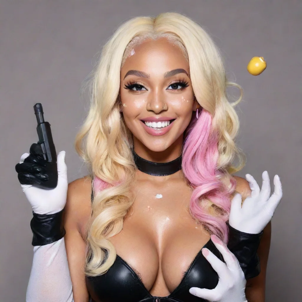 artstation art doja cat rapper smiling with black deluxe nitrile  gloves  and gun and mayonnaise splattered everywhere confident engaging wow 3