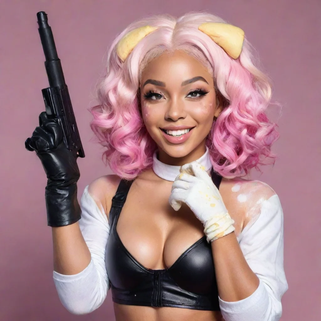 artstation art doja cat smiling with black deluxe nitrile  gloves and gun and mayonnaise splattered everywhere confident engaging wow 3
