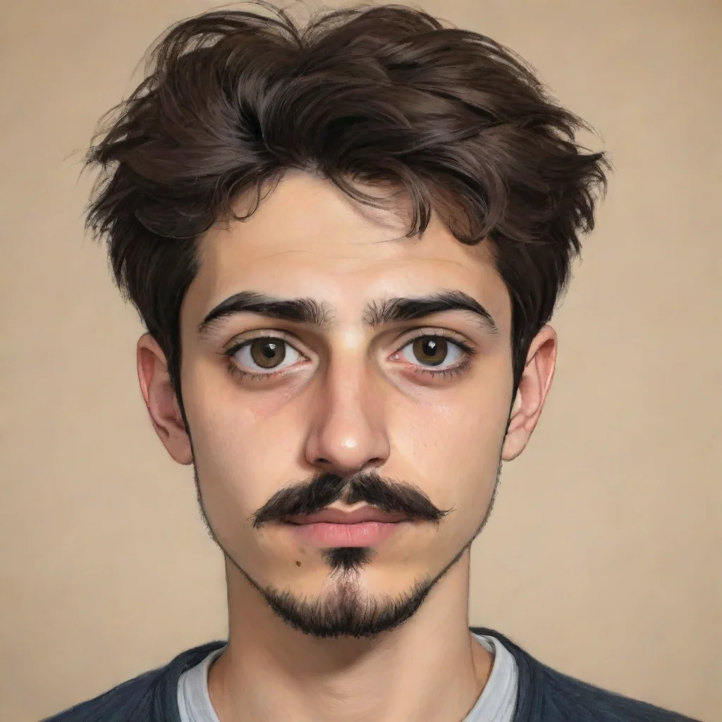 artstation art draw a 20 year old boy with a mustache and goatee who is suffering from depression. he is an iranian and his eyes are dark brown. confident engaging wow 3