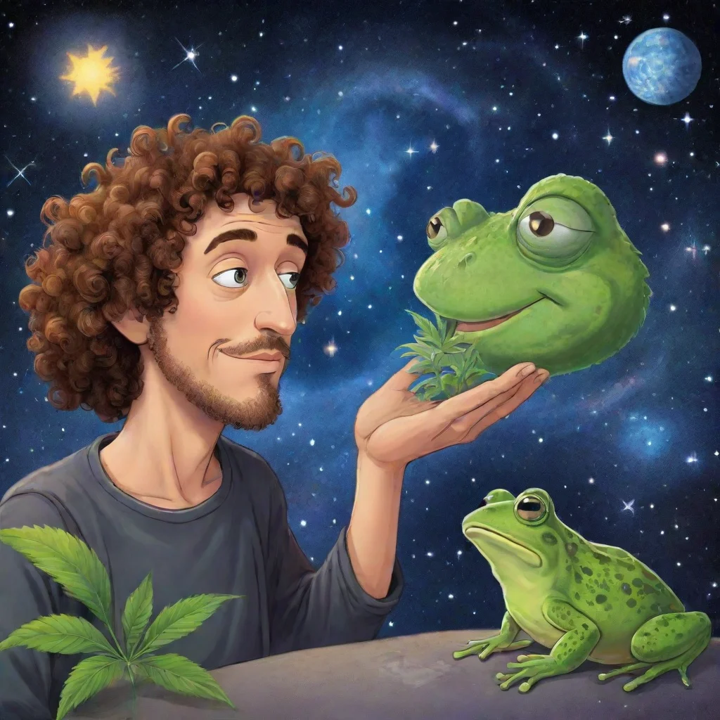 artstation art draw a cartoon picture of a curly haired greek philosopher talking to a frog with marijuana leaves and galaxies in the background  confident engaging wow 3