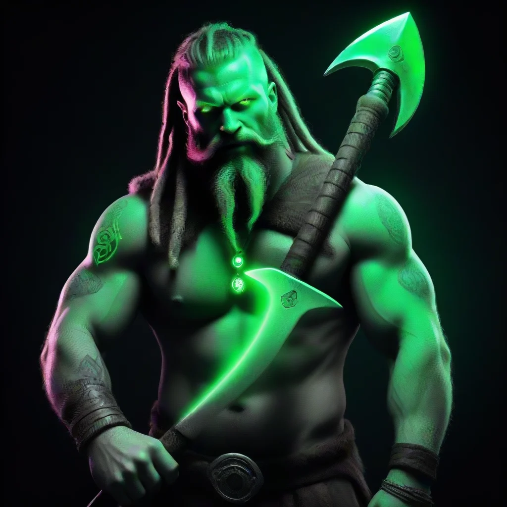 artstation art dreadlocked  bearded glowing neon green tattooed cyberpunk viking berserk with big axe confident engaging wow 3