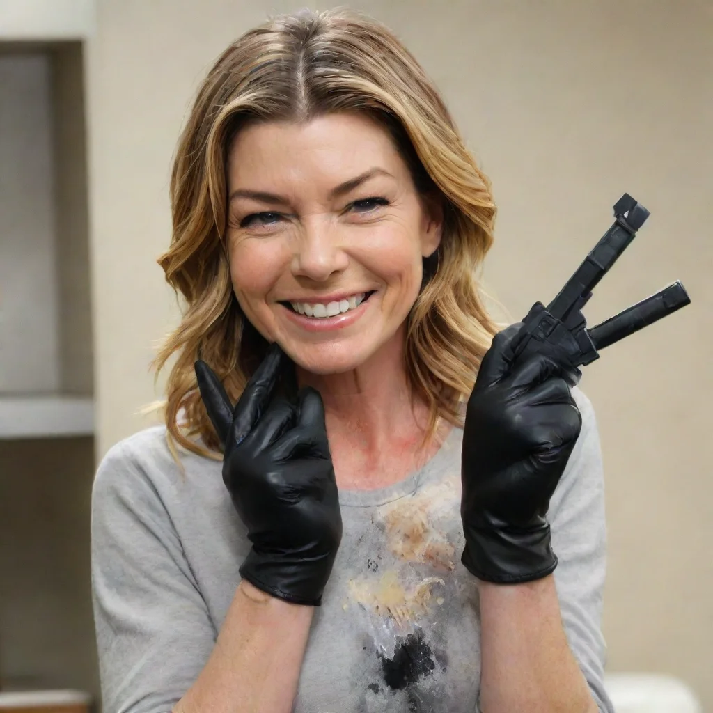 artstation art ellen pompeo smiling with black deluxe nitrile  gloves and gun and mayonnaise splattered everywhere confident engaging wow 3