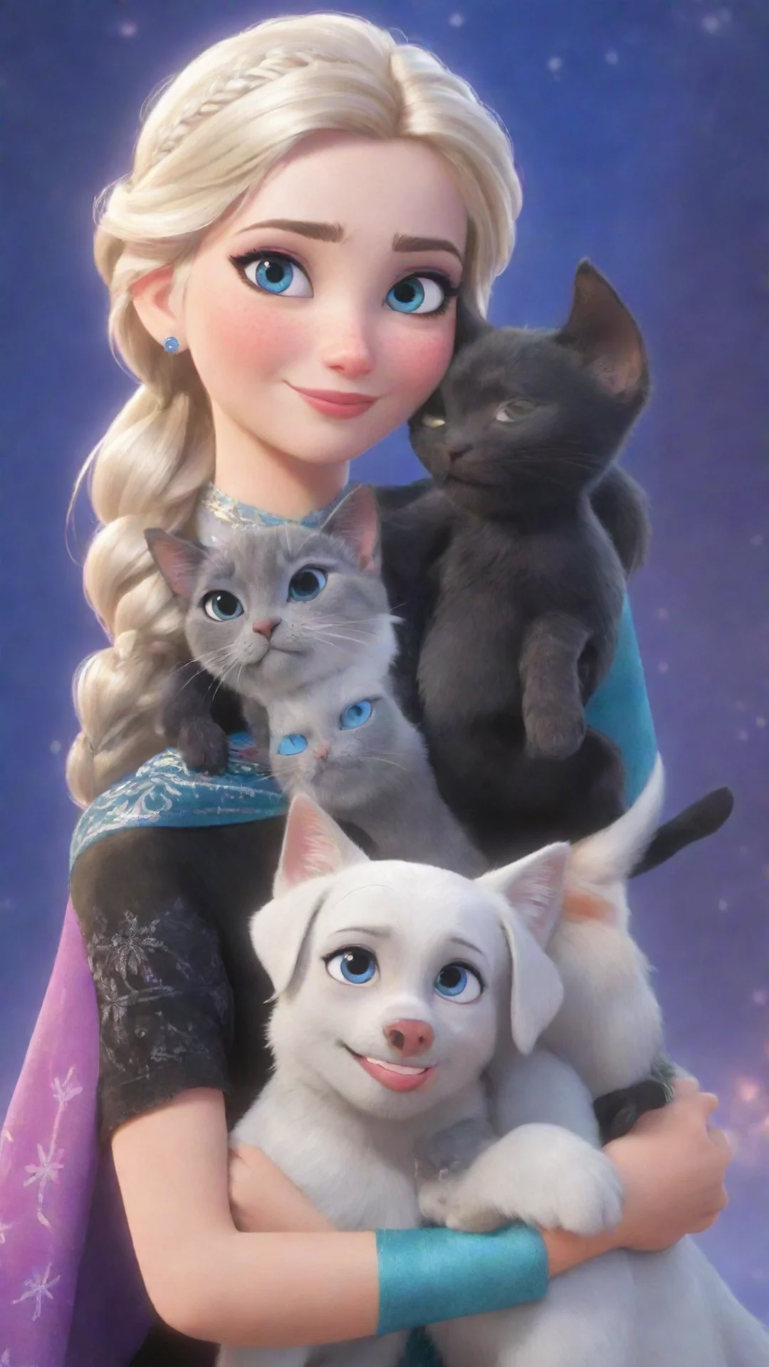 aiartstation art elsa and anna frozen saree indian hugs with her dog beagle and cat noir black together smile  confident engaging wow 3 tall
